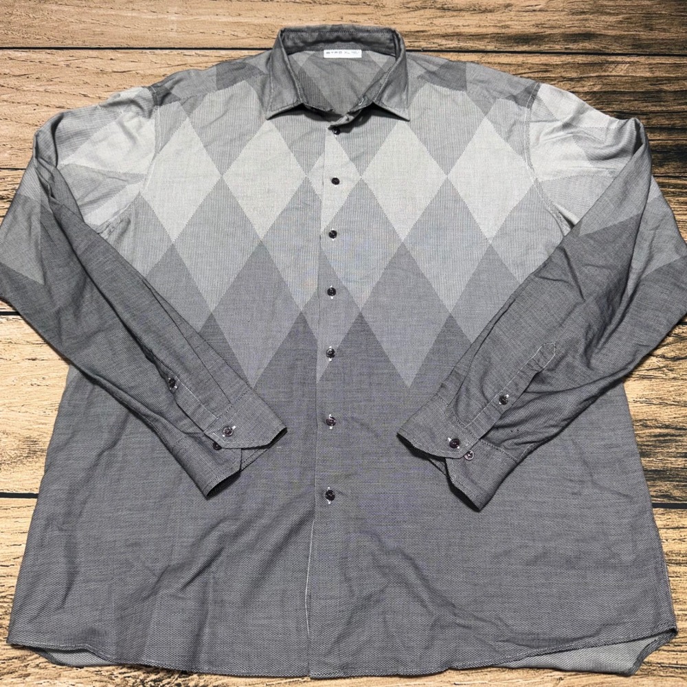 Etro Button Down Shirt Mens XL Grey Argyle Gradient Cotton Made in Italy
